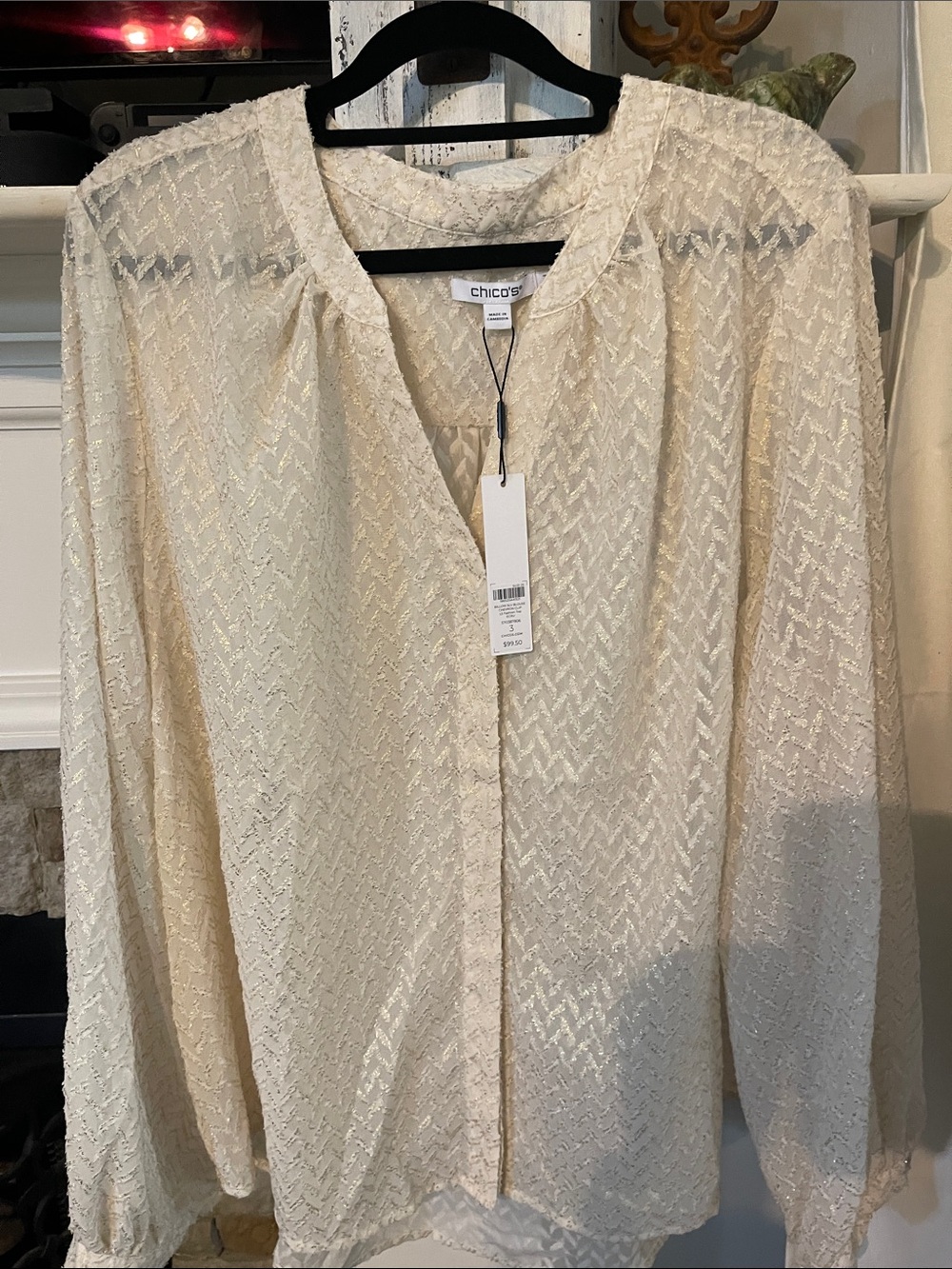 Chico's Ivory Textured Chevron Button-Front Blouse- SZ 3 NWT